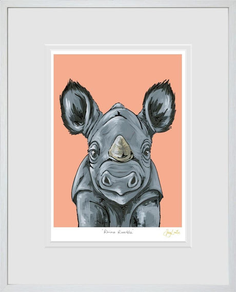 rhino rumble framed print by artist amy louise