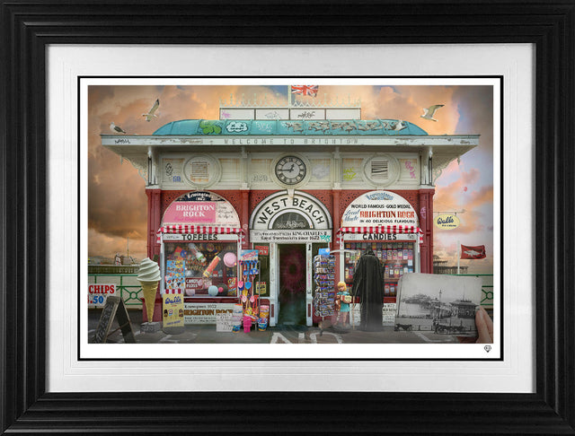 The Kiosk At West Beach print framed in black by artist jj adams
