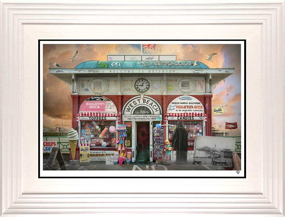 The Kiosk At West Beach print framed in white by artist jj adams