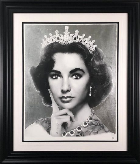 elizabethe taylor black and white print framed in black by artist jj adams