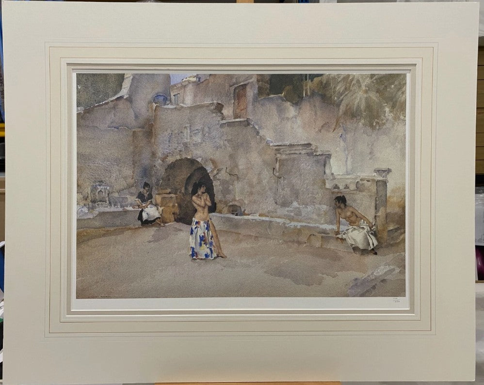 models in an italian courtyard mounted print by artist russell flint