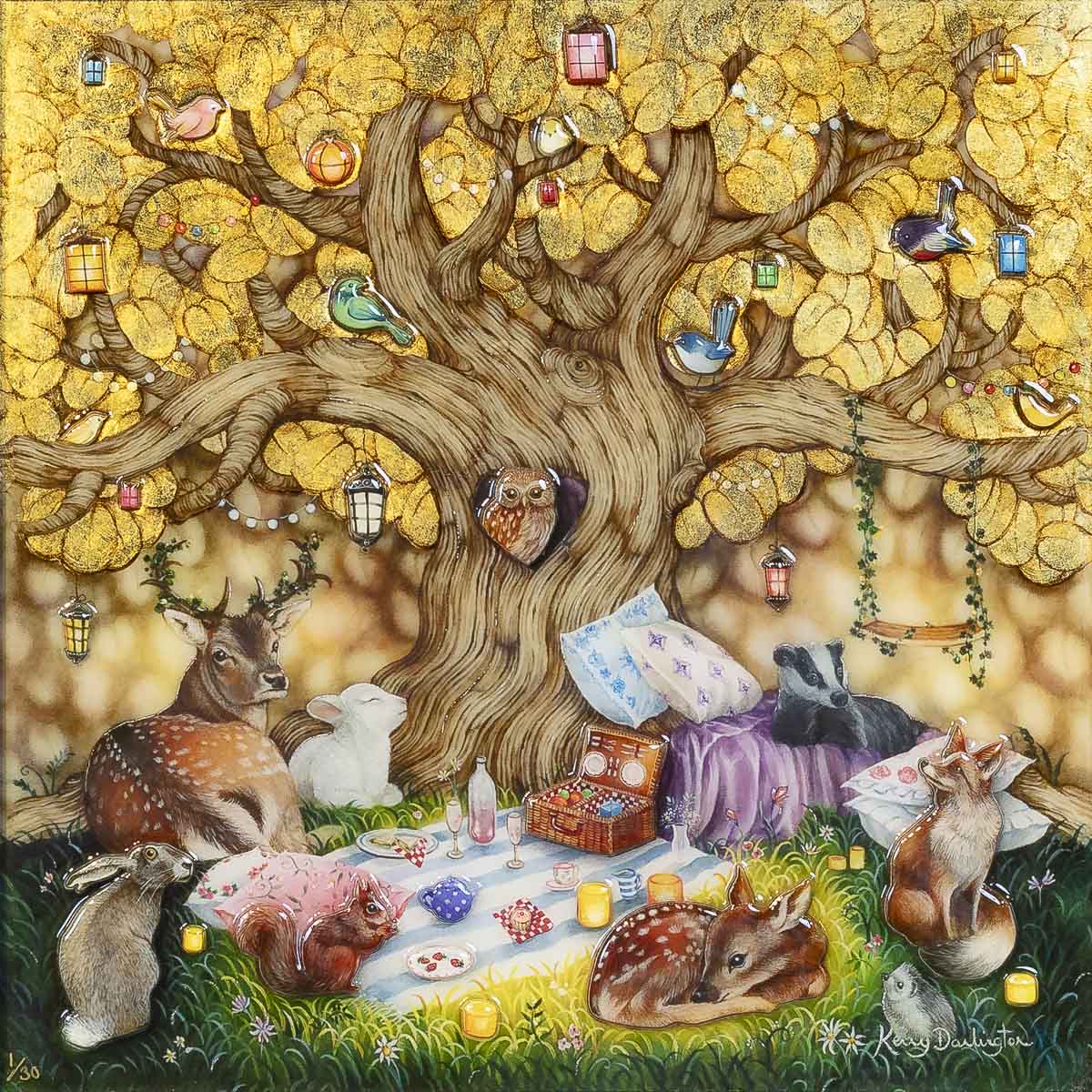 our golden canopy hand embellished  print with 3d elements and resin by kerry darlington 