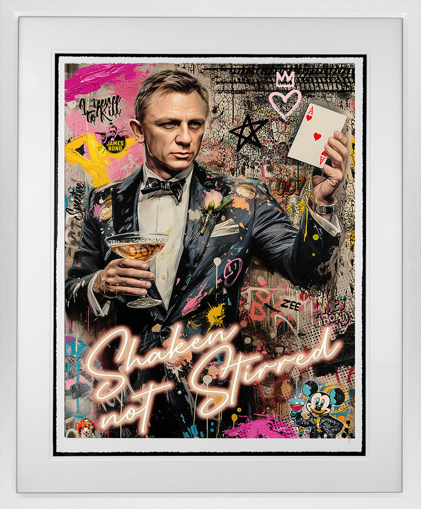 shaken not stirred white framed print by artist zee