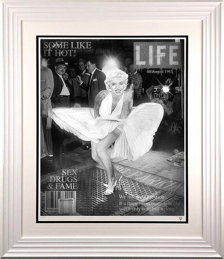 some like it hot black and white print framed in white by artist jj adams