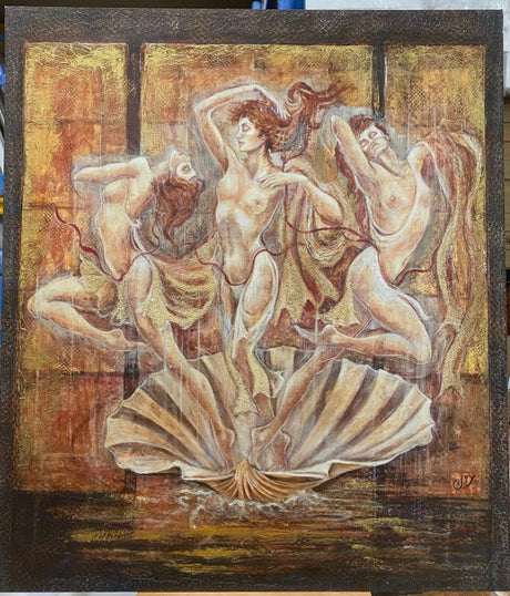 venus and her maidens hand embellished print on board by artist joy kirton smith