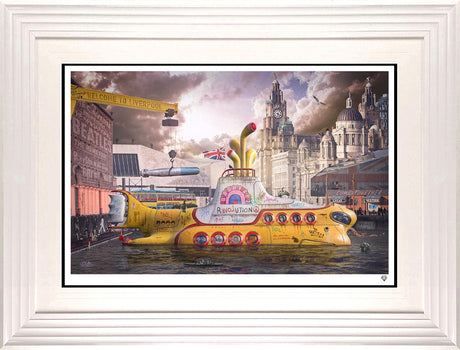 we all live in a yellow submarine print framed in white by artist jj adams