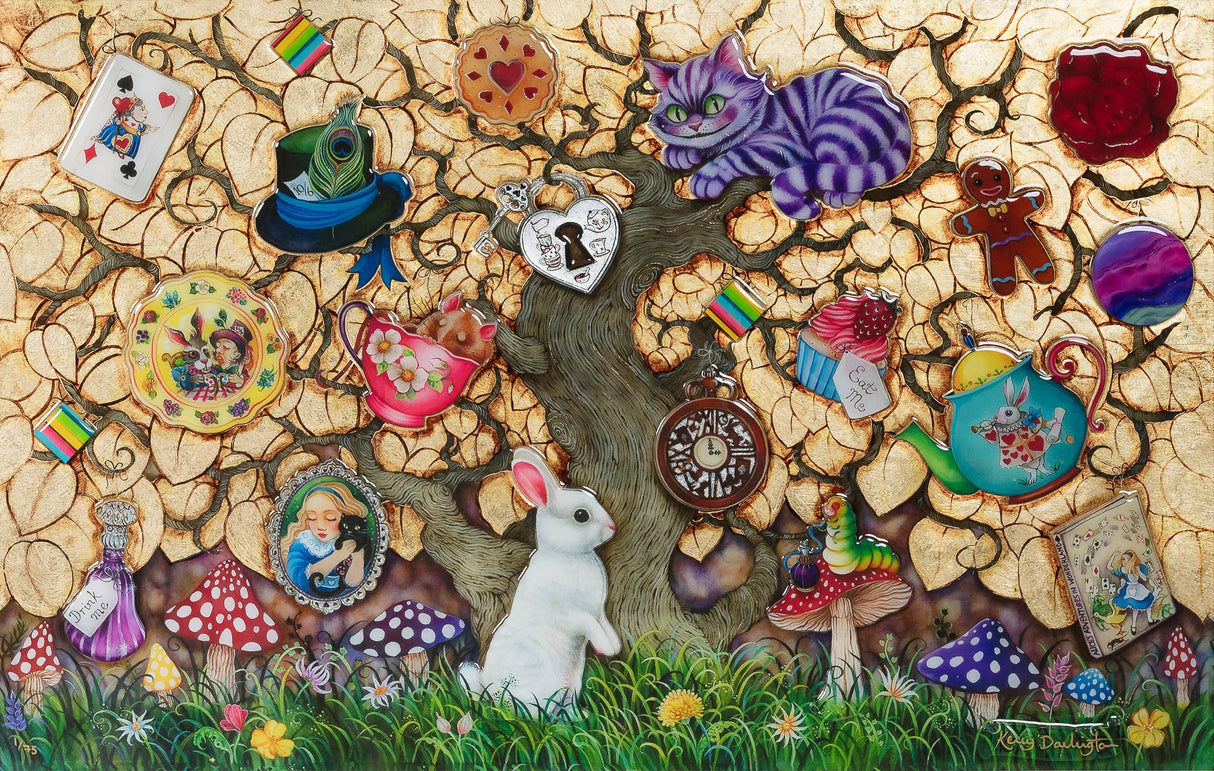 what alice found there framed in silver hand embellished print by artist kerry darlington